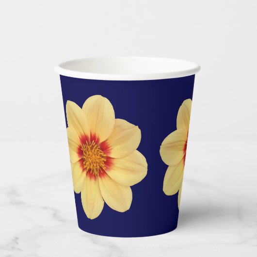 Gobelets En Papier Dahlia jaune motif floral sur bleu (Recto)