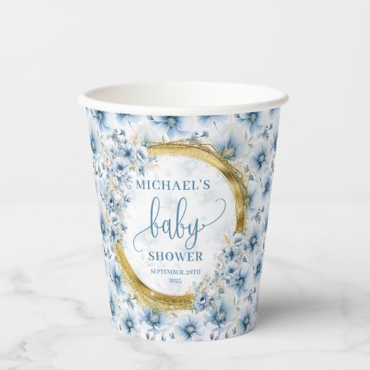 Gobelets En Papier Dainty pastel bleu fleurs or personnalisé bébé (Recto)