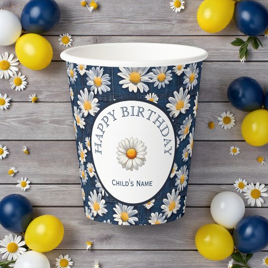 Gobelets En Papier Daisies on Blue Denim Birthday Party