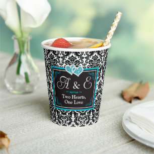 Gobelets En Papier Damas Noir, Turquoise Deux Coeurs, Un Amour