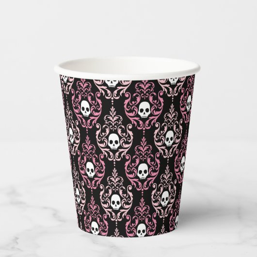 Gobelets En Papier Damas roses et noires avec crânes | Halloween (Recto)
