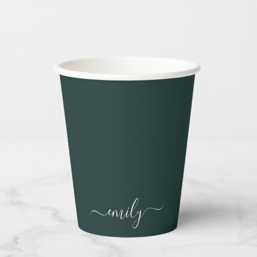 Gobelets En Papier Dark Green Modern Script Nom du monogramme (Recto)