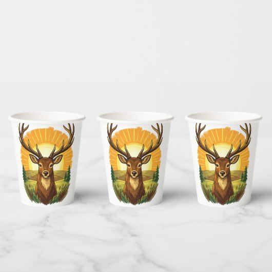 Gobelets En Papier Deer with Antlers Sunset Forest Hunter Gift (Multi)