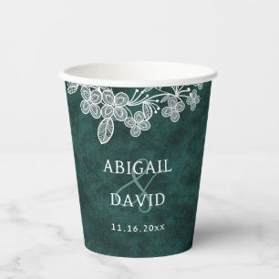 Gobelets En Papier Dentelle sur Emerald Green Faux Velvet Mariage