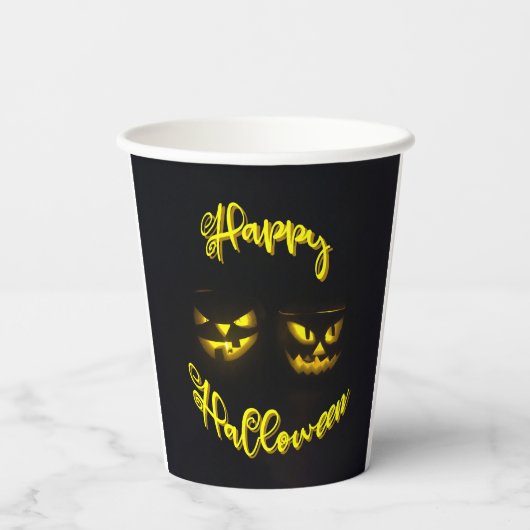 Gobelets En Papier Déplaisant Jaune Halloween heureux avec visage cit (Verso)