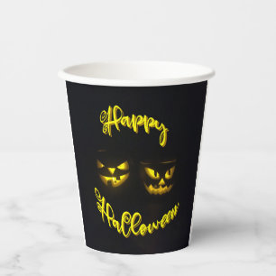 Gobelets En Papier Déplaisant Jaune Halloween heureux avec visage cit