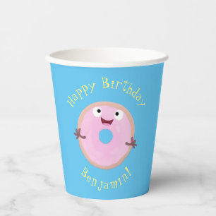 Gobelets En Papier Dessin animé de beignet glacé rose mignon heureux