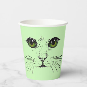 Gobelets En Papier Dessin noir de chat visage moustaches yeux verts