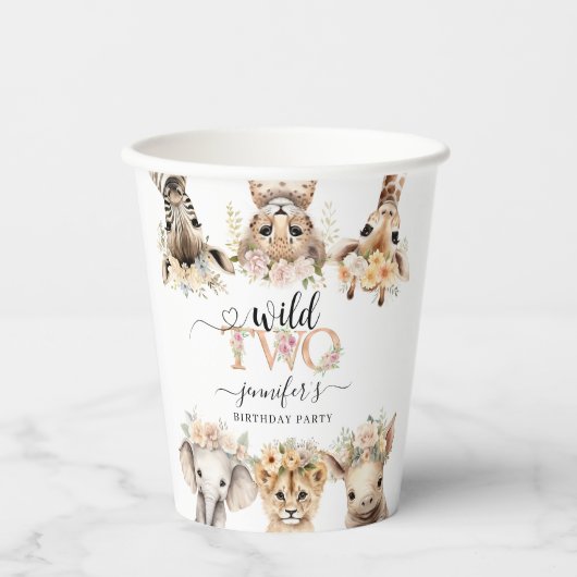 Gobelets En Papier Deux animaux sauvages Safari Girl 2e Anniversaire (Recto)