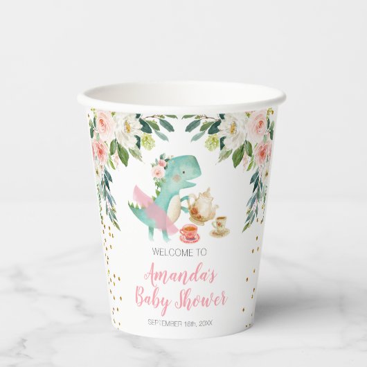 Gobelets En Papier Dinosaur Tea Party Baby shower d'anniversaire Flor (Recto)