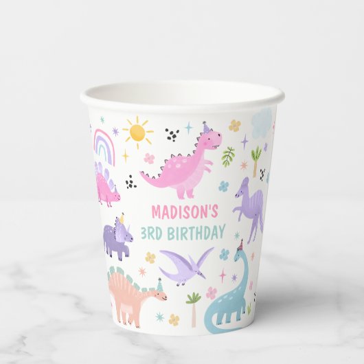 Gobelets En Papier Dinosaure rose fête d'anniversaire (Verso)