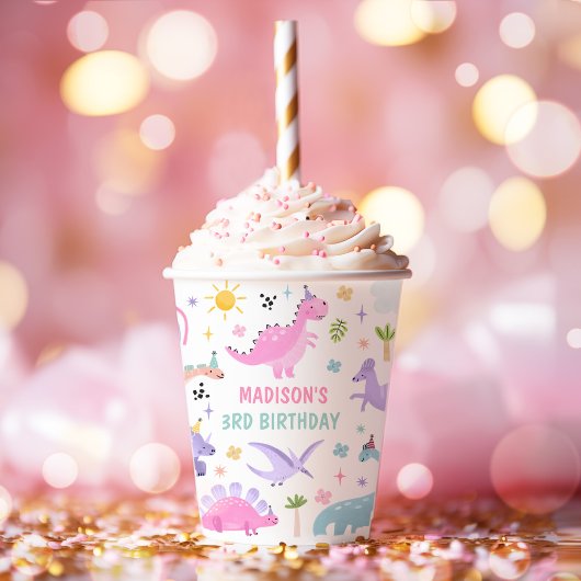 Gobelets En Papier Dinosaure rose fête d'anniversaire