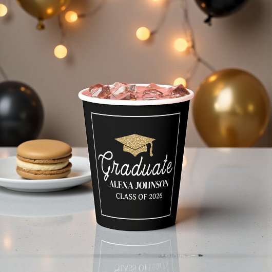 Gobelets En Papier Diplômé Élégant Noir & Or Promotion 2026
