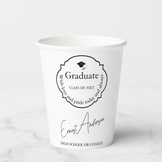 Gobelets En Papier Diplômé noir et blanc Moderne Élégant Graduation (Verso)