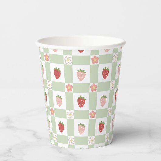 Gobelets En Papier Disposable Strawberry Gingham Pastel Green (Verso)