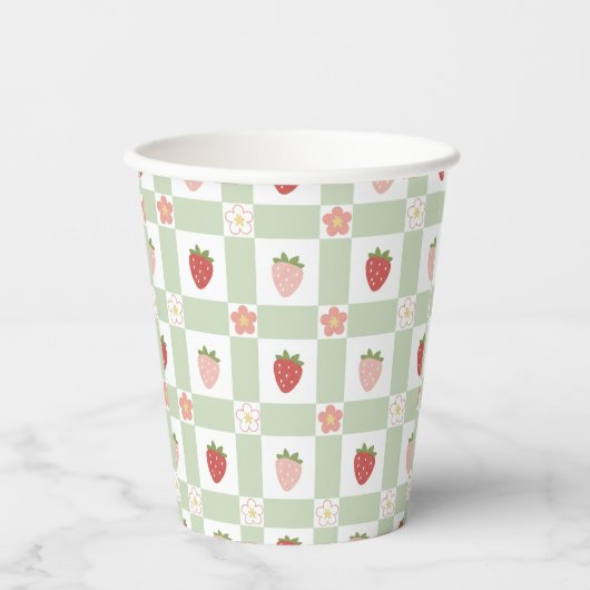 Gobelets En Papier Disposable Strawberry Gingham Pastel Green (Recto)