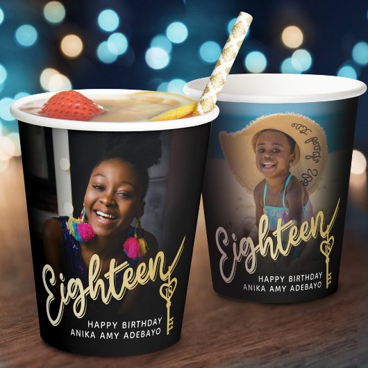Gobelets En Papier Dix-huit 18e anniversaire script photo clé or