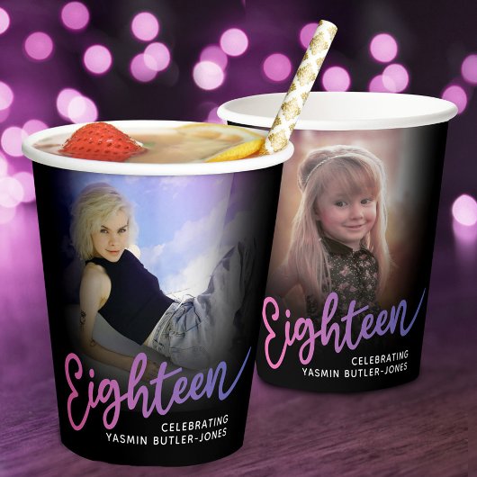 Gobelets En Papier Dix-huit 18e anniversaire script photo rose violet