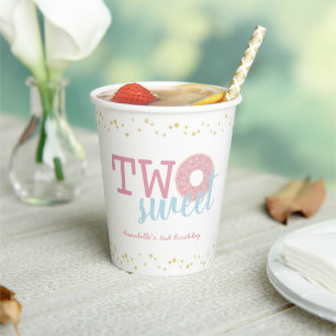 Gobelets En Papier Donut blanc rose deux doux 2e anniversaire