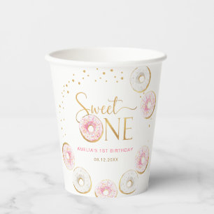 Gobelets En Papier Donuts d'or rose doux un 1er anniversaire