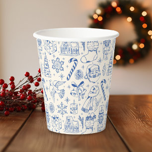Gobelets En Papier Doodle de Noël bleu rétro