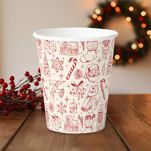 Gobelets En Papier Doodle de Noël rouge rétro