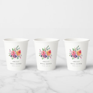 Gobelets En Papier Douce Fête de Mariage Florale Aquarelle Personnali