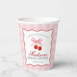 Gobelets En Papier Douce Fête de Mariage Rose Cerise Coquette Gingham