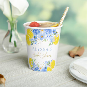 Gobelets En Papier Douce Mariée Fleurie Bleue au Citron