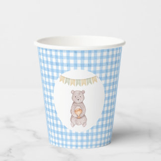 Gobelets En Papier Douce Ourse Bleu Gingham Aquarelle Baby Shower