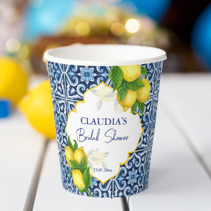Gobelets En Papier Douche nuptiale cadeaux carreaux bleus citron Amal