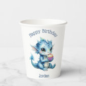 Gobelets En Papier Dragon Bébé Bleu Mange un Cupcake (Verso)