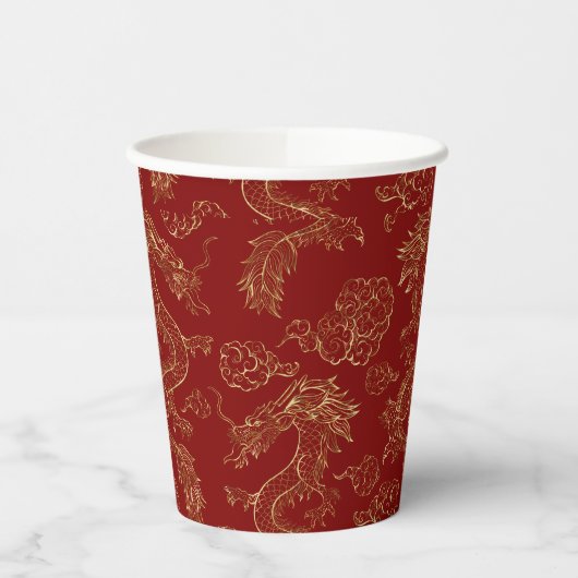 Gobelets En Papier Dragon chinois en or sur rouge (Gauche)
