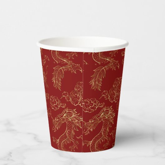 Gobelets En Papier Dragon chinois en or sur rouge (Droite)