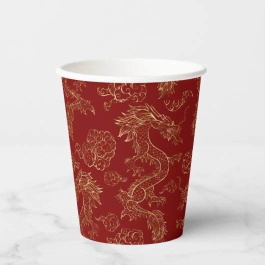 Gobelets En Papier Dragon chinois en or sur rouge (Recto)