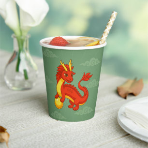 Gobelets En Papier Dragon Chinois Rouge sur Fond Vert