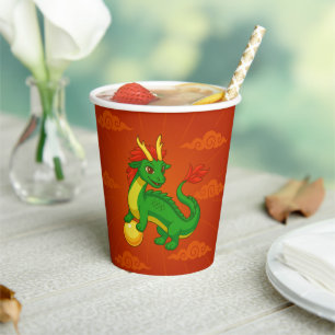 Gobelets En Papier Dragon Chinois Vert sur Fond Rouge