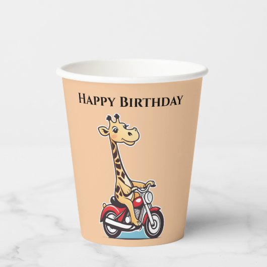 Gobelets En Papier Drôle Cartoon Giraffe À Moto, (Recto)