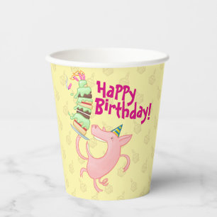 Gobelets En Papier Drôle Cochon Joyeux Anniversaire ! Carton de gâtea