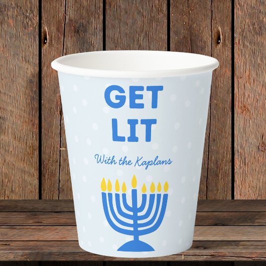 Gobelets En Papier Drôle "Get Lit" Chic Personnalisé Menorah Hanoukka