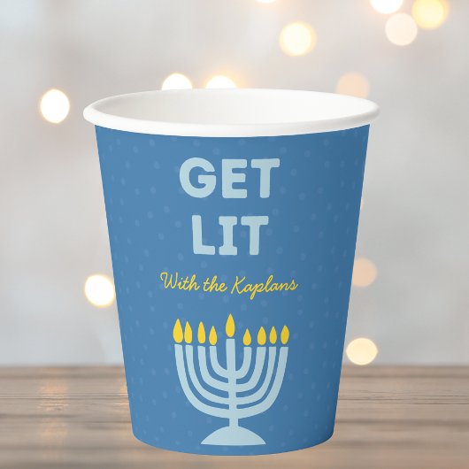 Gobelets En Papier Drôle "Get Lit" Chic Personnalisé Menorah Hanoukka