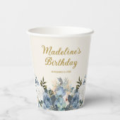 Gobelets En Papier Dusty Blue Blanc Floral Nom de l'anniversaire (Verso)
