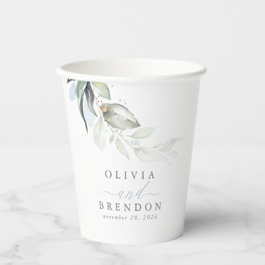 Gobelets En Papier Dusty Blue Eucalyptus Feuille Vert Élégant (Recto)