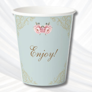 Gobelets En Papier Dusty Blue Foral Rococo Peony Baby shower