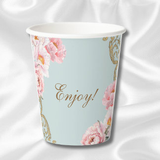 Gobelets En Papier Dusty Blue Peony Rococo Baby shower Floral