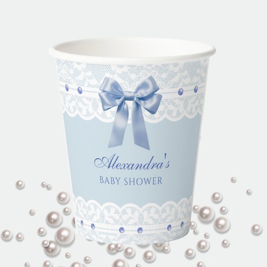 Gobelets En Papier Dusty Blue Satin Bow Regency Baby shower en dentel
