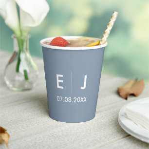 Gobelets En Papier Dusty Blue & White Monogram Wedding