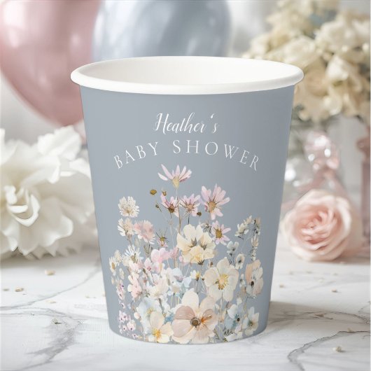 Gobelets En Papier Dusty Blue Wildflower Baby Shower 