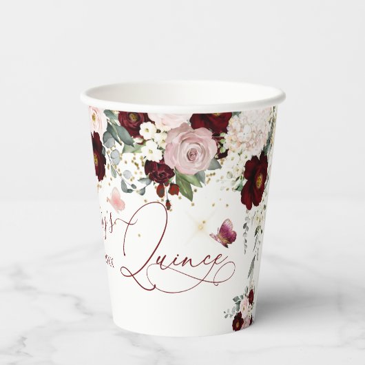 Gobelets En Papier Dusty rose bordeaux Fleurs rousses Quinceanera (Verso)