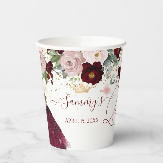 Gobelets En Papier Dusty rose bordeaux Fleurs rousses Quinceanera (Gauche)